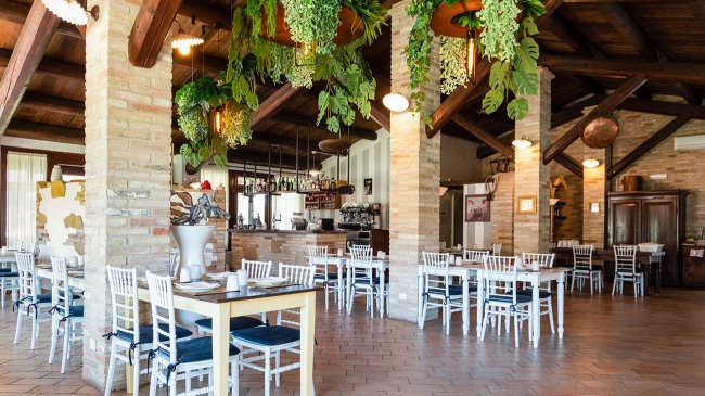 Interno di un ristorante con sedie bianche e piante pendenti.